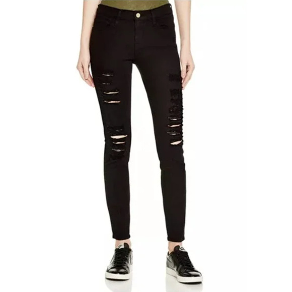 Frame Jet Black Denim Le Skinny de Jeanne Distressed Jean Mid-Rise Raw Hem 27 - Picture 15 of 15